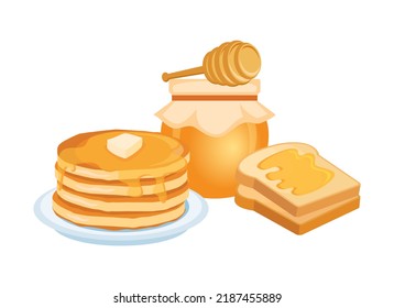 Honey breakfast with pancakes and toast icon vector. Jar of honey and honey dipper icon set isolated on a white background. Honey pancakes and toast bread still life drawing