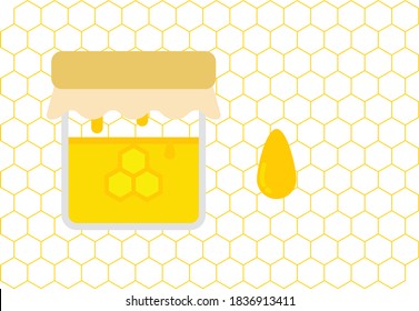 
Honey bucket and honey drops on honeycomb background