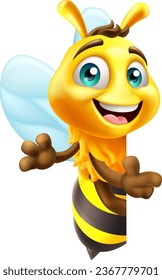 A honey or bumble bee cartoon bumblebee cute cartoon mascot peeking around a sign and pointing