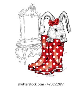Honey Bunny in a boot. Vector illustration for a card or poster, print on clothes. Fashion & Style. Cute.