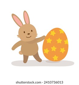 Honey Bunny, cute rabbit touches an Easter egg. Flat vector illustration on a white background