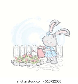 Honey Bunny in a dress watering flowers. Vector illustration for a card or poster. Leveret in the garden.