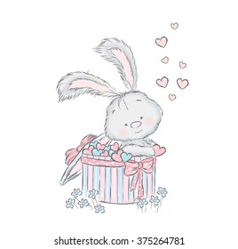 Honey Bunny in a gift box. Cute hare in the vector. Vector illustration for greeting card, poster, or print on clothes.