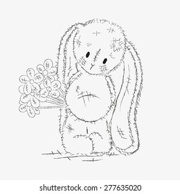 Honey Bunny. Shy baby bunny. Gives flowers. Congratulations. Sketch. Cute.