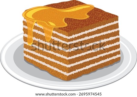 honey cake,  layer cake with white cream vector.