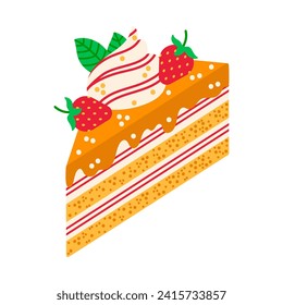 Icono vector de pastel de miel. Un postre sabroso con galletas, fresas, crema, rociadas. Salto de verano aislado en blanco. Dulce cumpleaños o pastelería de fiesta. Recorte plano de caricatura para imprimir