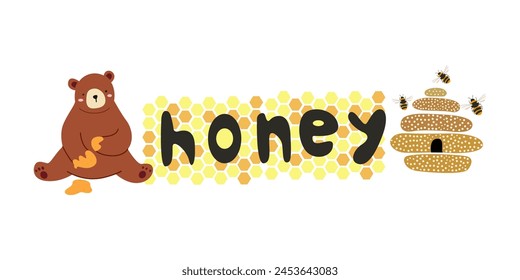 Honey calligraphy lettering text on a white background with brown bear. Concept for logo card, typography poster, print. Black inscription with a bee, bear and beehive