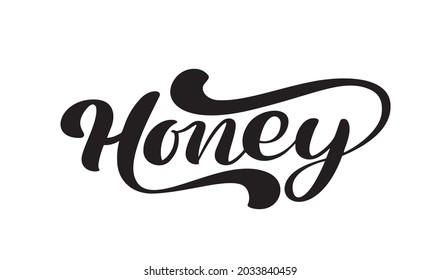 Honey calligraphy lettering text. Vector bee hand lettering word in black color isolated on white background. Concept for logo card, typography poster, print.