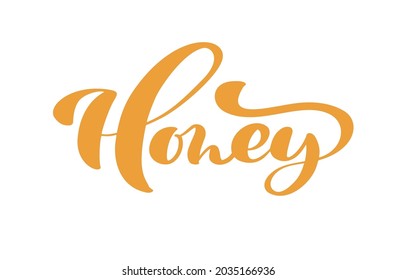 Honey calligraphy Vector lettering text. bee hand lettering word in orange color isolated on white background. Concept for logo card, typography poster, print.