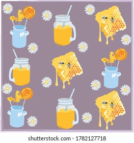 Honey and candies in the lilac backgraund.