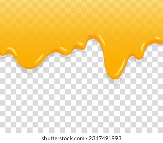 Honey or caramel melted on transparent background. Dripping yellow realistic syrup isolated. Vector illustration.