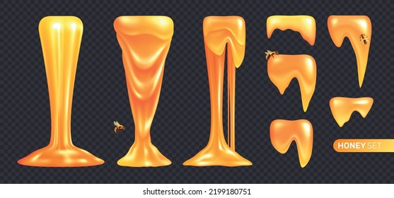 Honey caramel melted realistic set with isolated images of stringy flows of honey on transparent background vector illustration