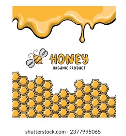 Honey card with honeycomb and bee, vector illustration