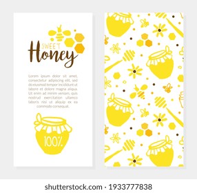 Plantilla de tarjeta de miel con espacio para texto, acuario y apicultura Productos orgánicos naturales Folleto, volante, caricatura de afiches Ilustración vectorial