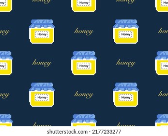 Honey cartoon character seamless pattern on blue background. Pixel style