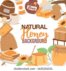 Honey cartoon colored frame with bee, wild flowers, bumble wooden cask and beehive, honeycomb vector illustration. Natural floral honey background for poster, banner or product advertisment.