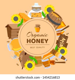 Honey cartoon colored frame with sunflower, cask, beehive, honeycomb and honeybees vector illustration. Organic honey poster.