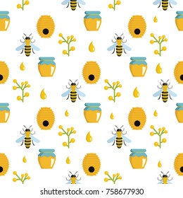 Honey cartoon seamless pattern on white background. Background with beehoney and apiary vector illustration