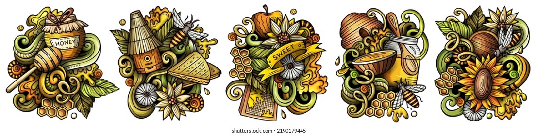 Honey cartoon vector doodle designs set. Colorful detailed compositions with lot of sweet food objects and symbols. Isolated on white illustrations