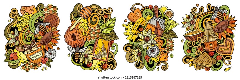 Honey cartoon vector doodle designs set. Colorful detailed compositions with lot of sweet food objects and symbols. Isolated on white illustrations