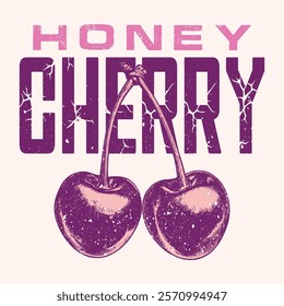 Honey cherry artwork. Cherry fruit print. Sweet cherry artwork. Have a nice day. Organic fresh fruit juice artwork. Cherry time. Organic food artwork for for t-shirt. Fruit vintage t-shirt design.