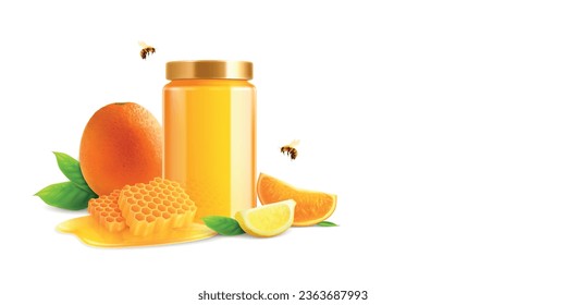 Honey and citrus realistic composition with isolated view of honeycomb orange lemon cuts on white background vector illustration