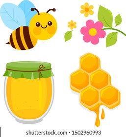 Honey collection with bee, honeycomb, jar of honey and flowers. Vector illustration set.