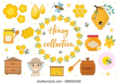 Honey collection. Beekeeping set of objects isolated on white background. Apiculture kit of design elements flat, cartoon style. Vector illustration, clip-art