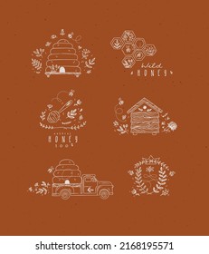 Honey collection of labels, beehive, honeycomb, spoon with flower and branches drawing in graphic style on terracotta background