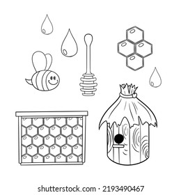 Honey collection, Monochrome picture, set of icons, beehive and bee, vector illustration in cartoon style on a white background