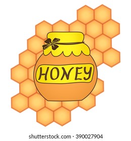 honey collection Organic product design. Vector cute hand drawing honey jar illustration on the background of honeycomb, Spa center design. icon, logo