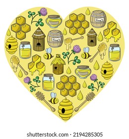 Honey collection in the shape of a heart, vector illustration in cartoon style on a yellow heart