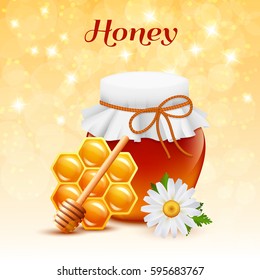 Honey color concept with little homemade glass jar of honey and accessories for eat it vector illustration