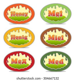 Honey color labels in many languages. Honey vector stickers on white background.