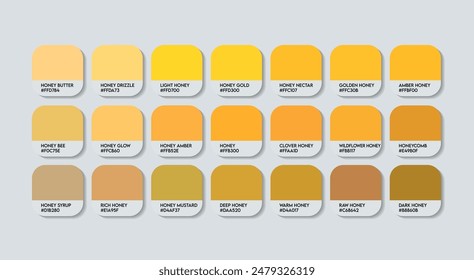 Honig-Farbpalette, Honig-Farbführungspalette mit Farbnamen. Katalog-Honigproben mit RGB-HEX-Codes und Namen. Kunststoff, Farbe, Obst und Mode Trend Gelb Honig Farbpalette Vektorgrafik