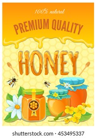 Honey colored poster with drops of honeycombs and ready jars vector illustration