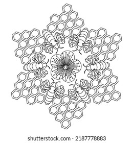 Página de coloreo de miel para adultos. Flores, abejas y abejas. Ilustraciones del vector del doodle dibujado a mano.