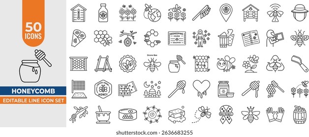 Honey Comb 50 Line Vector Icons – Beekeeping, Honey Production, Bee Hives and Apiculture Tools. Editable Stroke