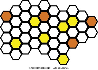 Células de peine de miel, patrón de abeja amarillo anaranjado, Ilustración de peines de miel sobre fondo blanco.