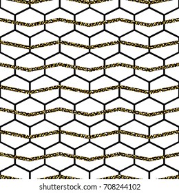 Honey comb cells vector gold glitter lines seamless pattern. Hexagon tile background in black and white.