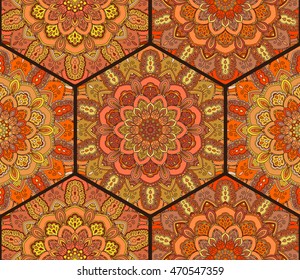 Honey Comb Hex Pattern from Flower Mandala. Orange tiles boho background. Intricate flower ornament. Seamless decoration. Vector for wallpaper, fabric print, furniture textile, pillow deco. 