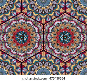 Honey Comb Hex Seamless Pattern from Flower Mandala. Blue red tile boho background. Intricate floral hexagon design elements for wallpaper, gift paper, fabric print, furniture. Unusual vector ornament