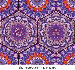 Honey Comb Hex Seamless Pattern Flower Mandala. Lilac pink tile boho background. Intricate floral hexagon design elements for wallpaper, gift paper, fabric print, furniture. Unusual vector ornament