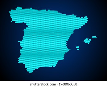 Honey Comb or Hexagon textured map of Spain Country isolated on dark blue background - vector illustration