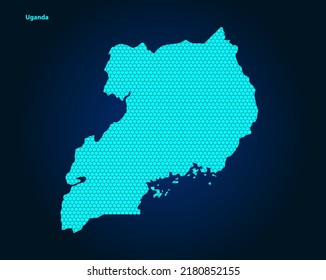 Honey Comb or Hexagon textured map of Uganda Country isolated on dark blue background - vector illustration