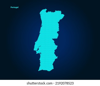 Honey Comb or Hexagon textured map of Portugal Country isolated on dark blue background - vector illustration