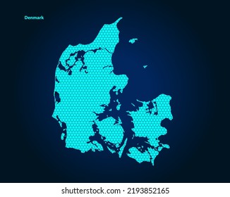 Honey Comb or Hexagon textured map of Denmark Country isolated on dark blue background - vector illustration