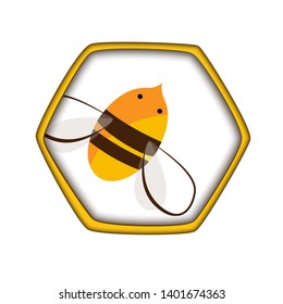 Honey comb icon with cute catroon bee. Carving style, beekeepink logo. Vector illustration for Honey production packaging