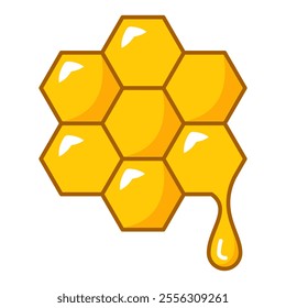 Honey comb line icon vector isolated. Symbol of a honeycomb, sweet natural dessert. Yellow comb and drop of honey. Concept of beekeeping. Hexagon shape.