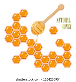 Honey combs and a spoon for honey with which it drips. Vector illustration on white background. Place for text.